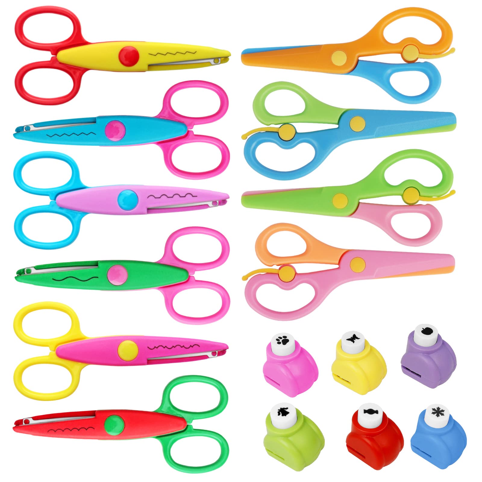 Asdirne Kids Scissors, Kids Craft Set of 16, Children Serrated Scissor, Contains 6 Zig Zag Cut, 4 Children Scissors and 6 Paper Punches, Assorted Colors