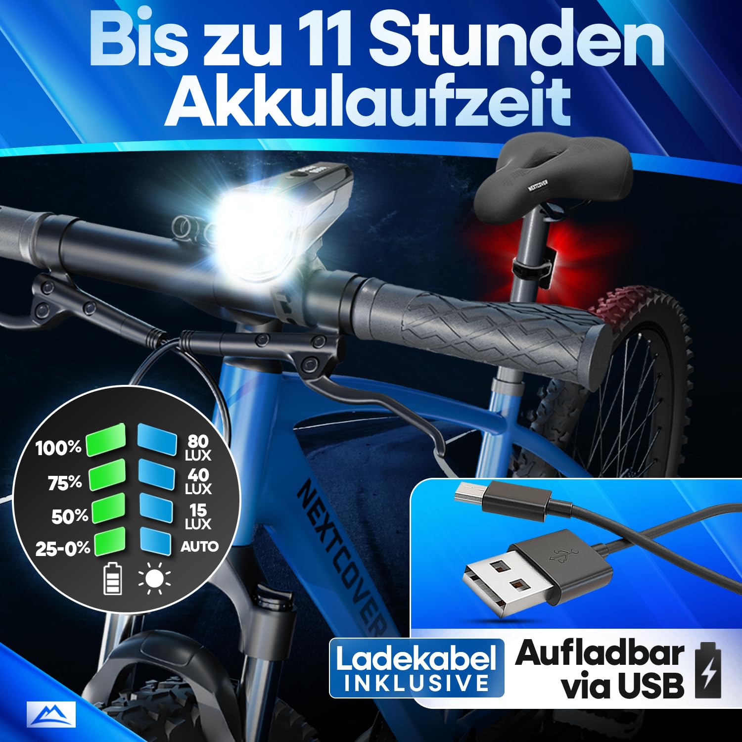 NEXTCOVER® Fahrradlicht Set - Das Original - mit [LightSense] Sensor & 11h Akkulaufzeit I USB aufladbar & wasserdicht I LED Fahrrad Licht vorne I Fahrradlampe & Fahrrad Rücklicht, Fahrradbeleuchtung 3