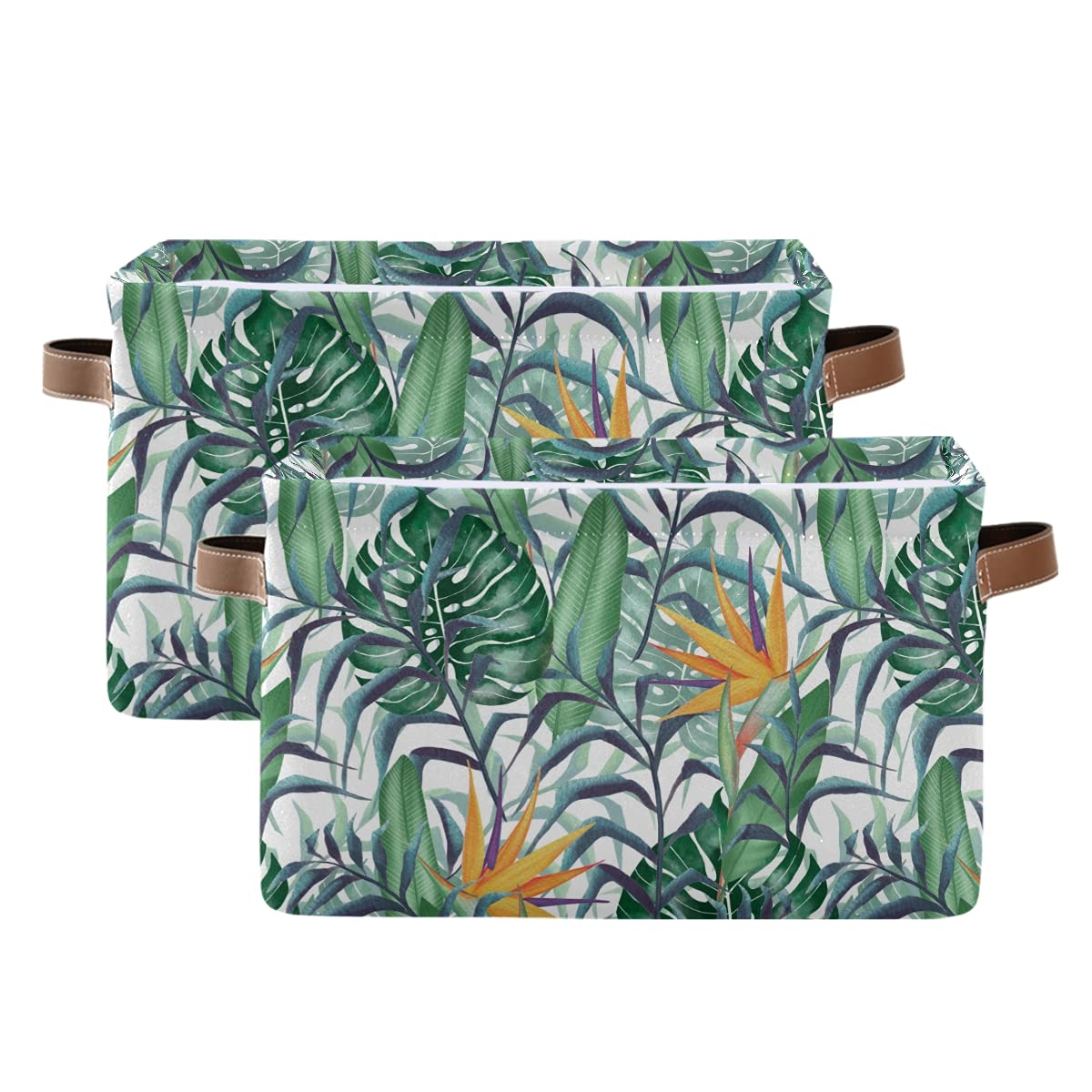 ALAZA Fabric Storage Boxes with Leather Handle, Set of 2, Tropical Plants Flower Waterproof Collapsible Canvas Organiser Cubes Toys Clothes Storage Cube Bins for Shelves Closet Household Organizer — image 1