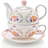 WRINGKIT Tea for One Set, Porcelain Teapot and Cup Saucer Set | Elegant Floral Teapot Set Gift for Women, Afternoon Tea, Home, Microwave, Dishwasher Safe, Vintage Decorative Flower Design