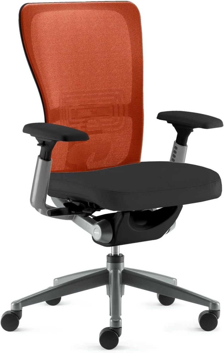 Zody Task Chair by Haworth: Advanced Model - Back Stop - Fwd Tilt - Highly Adj 4D Arms - Standard Carpet Casters - PAL Back System - Silver Base/Black Trim/Gusto Mesh Back/Ink Nature Leather