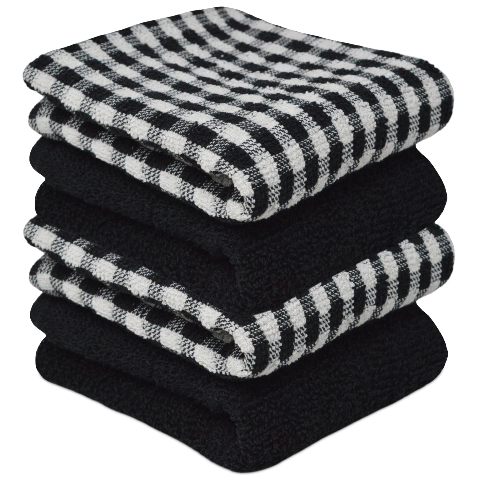 Towelogy® 4 Pack Kitchen Towel Set Monocheck Black 100% Cotton Terry Tea Towels for Drying Dishes Multipurpose Dish Towels | Highly Absorbent & Durable 45x65cm (Black White, 4)
