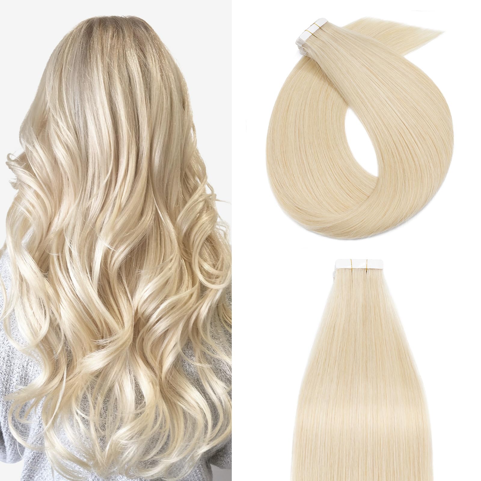 20 Pieces Invisible Tape in Hair Extensions 14in 100% Real Remy Human Hair Extension #60 Platinum Blonde Skin Weft 40g Seamless Straight