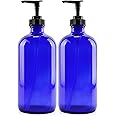 Cornucopia 16oz Cobalt Blue Glass Bottles w/ Lotion Pump Dispensers (2-Pack); Refillable Liquid Soap, Hand Care, Pump Bottles