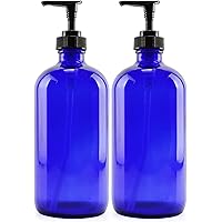 Cornucopia 16oz Cobalt Blue Glass Bottles w/ Lotion Pump Dispensers (2-Pack); Refillable Liquid Soap, Hand Care, Pump Bottles