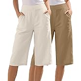 Locoowai 2 Pack Women's Linen Capri Pants Wide Leg Cropped Palazzo Trousers with Pockets High Waist Beach Summer Casual Pants