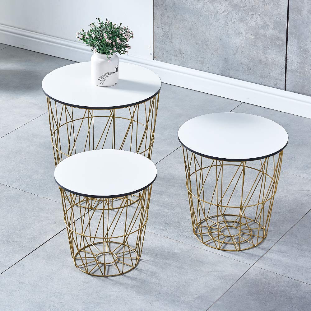 Qihang Uk Round Nesting Tables With Golden Metal Frame Modern Marble Look Wooden Nested End Table Set With Storage Living Room Sofa Side Tables White Set Of 3 Buy Online In Bahamas At