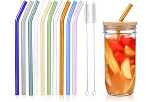 RENYIH 10 Pcs Reusable Bent Glass Drinking Straws,9''x10 mm Colorful Glass Straws for Beverages, Shakes, Milk Tea, Juices,Set of 10 Bent with 2 Cleaning Brushes -Shatter Resistant
