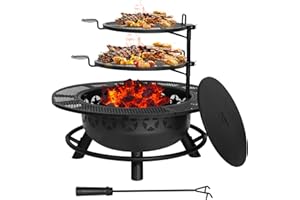Hykolity 35 Inch Fire Pit with 2 Cooking Grate & Charcoal Pan, Outdoor Wood Burning BBQ Grill Firepit Bowl with Cover Lid, Steel Round Table for Backyard Bonfire Patio Picnic