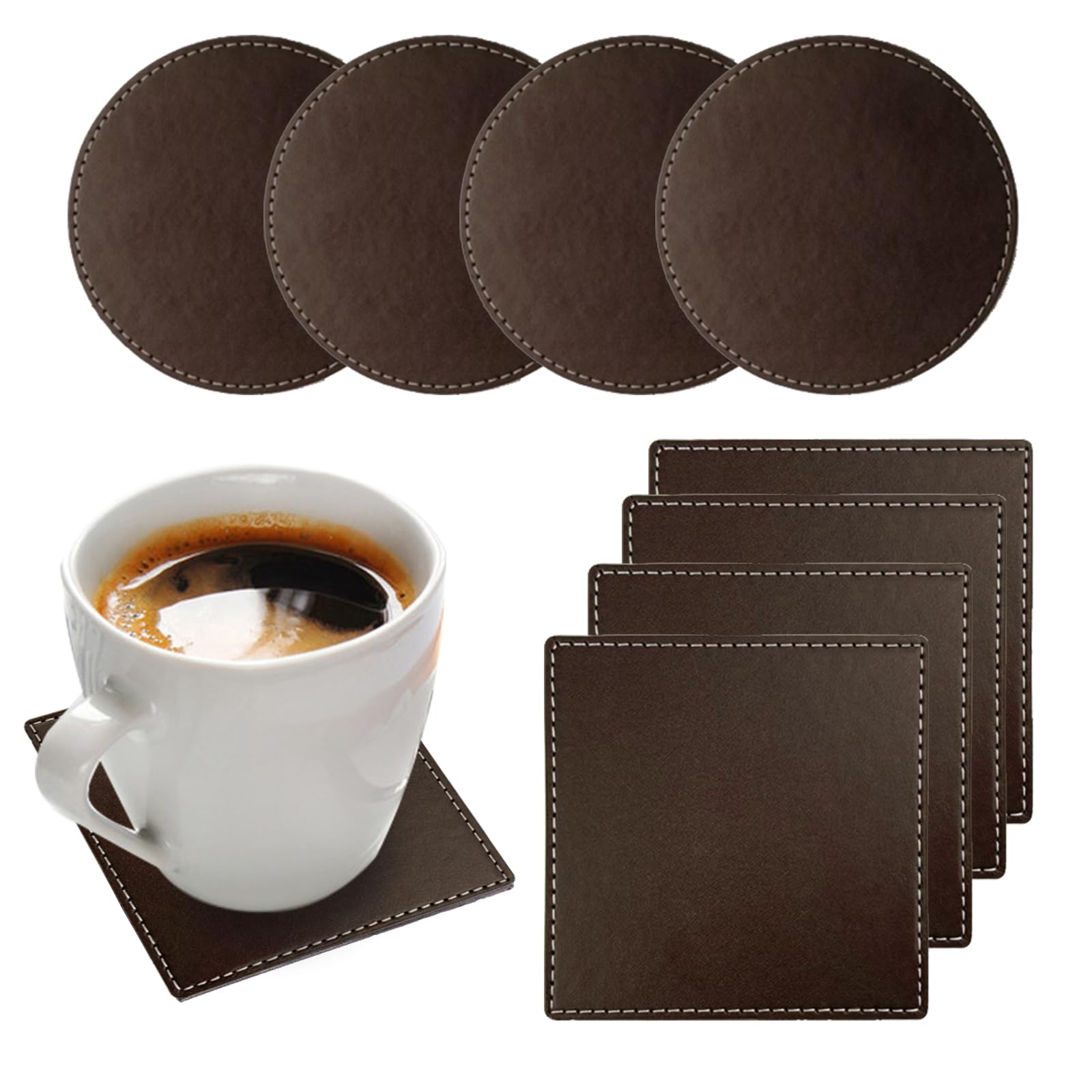 Leather Coasters, 8 PCS Dual Sided Faux Soft Leather Coaster Non Slip Cup Pad Mat Brown Drinks Mug Coaster Set for Coffee Beer Mug Wine Glass Bottle Home Bar (Round, Square)