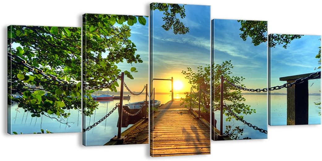 Wall Art Decoration lake sunset boat Landscape Canvas Print 160x85cm Canvas Picture Framed Living Room Bedroom Kitchen Set 5 piece Printed Modern Artwork Large XXL Home Decor Photo EA160x85-2573