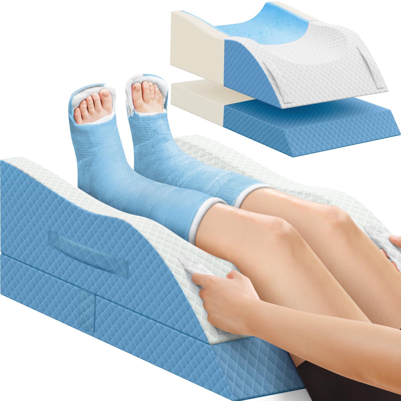 TranquilRelax Elevation Pillows for Leg After Surgery, Memory Foam Adjustable Wedge Pillow for Injury or Rest, Ankle Pillow for Sleeping Blood Circulation Light Blue/Double Leg Image