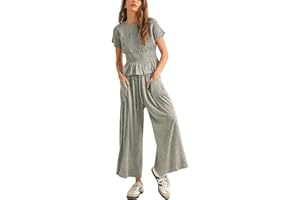 Antnation Womens 2 Piece Smocked Top Wide-Leg Pants Set High-Waisted Lounge Outfit with Pockets Casual Boho Matching Set