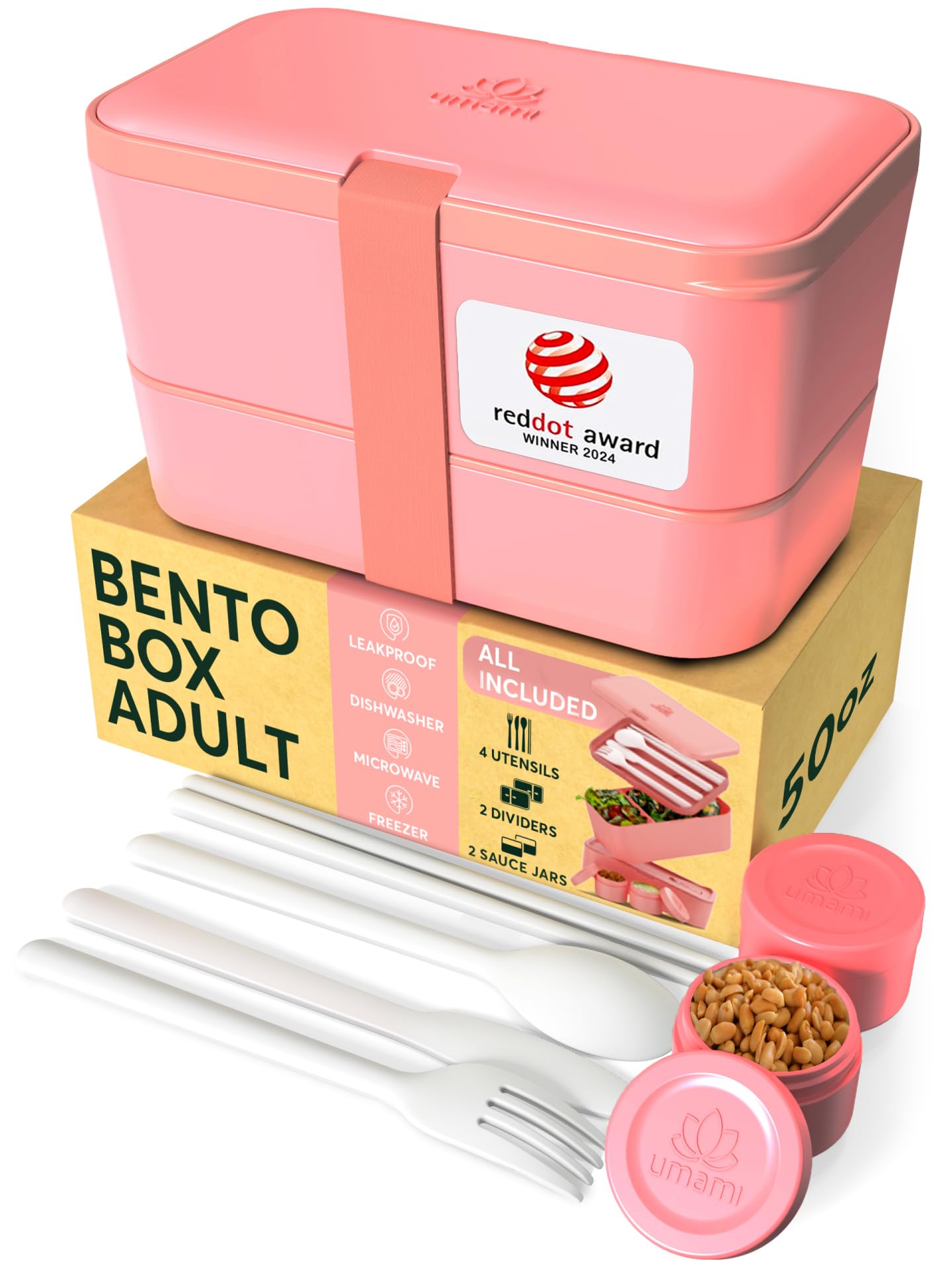 Umami Lunch Box Containers w/ 4 Utensils, Sauce Jar, Nestable Space-Saving Bento Box Adult, 100% Leakproof, Microwavable Lunch Containers for Adults, Design Award Winner