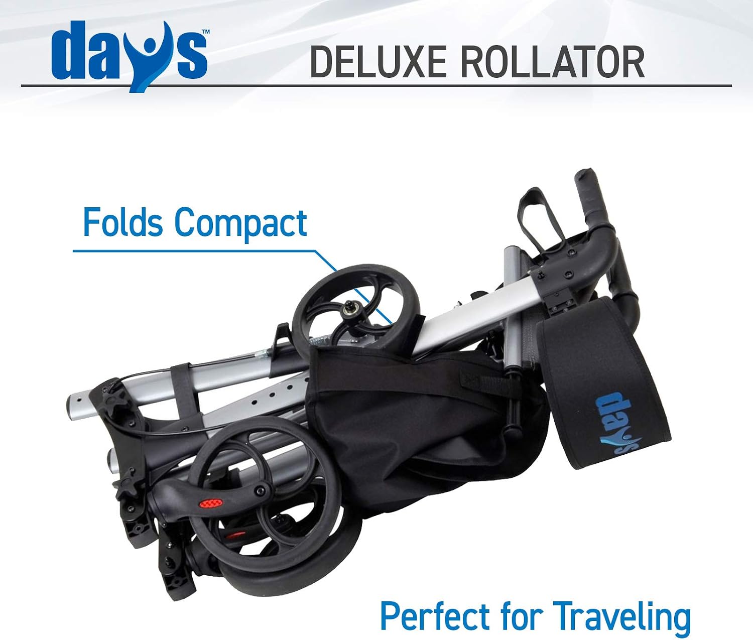 Days Deluxe Lightweight Folding Four Wheel Rollator, Rollator, Easy Storage and Travel, Carry Bag, Mobility Aids - Image 4