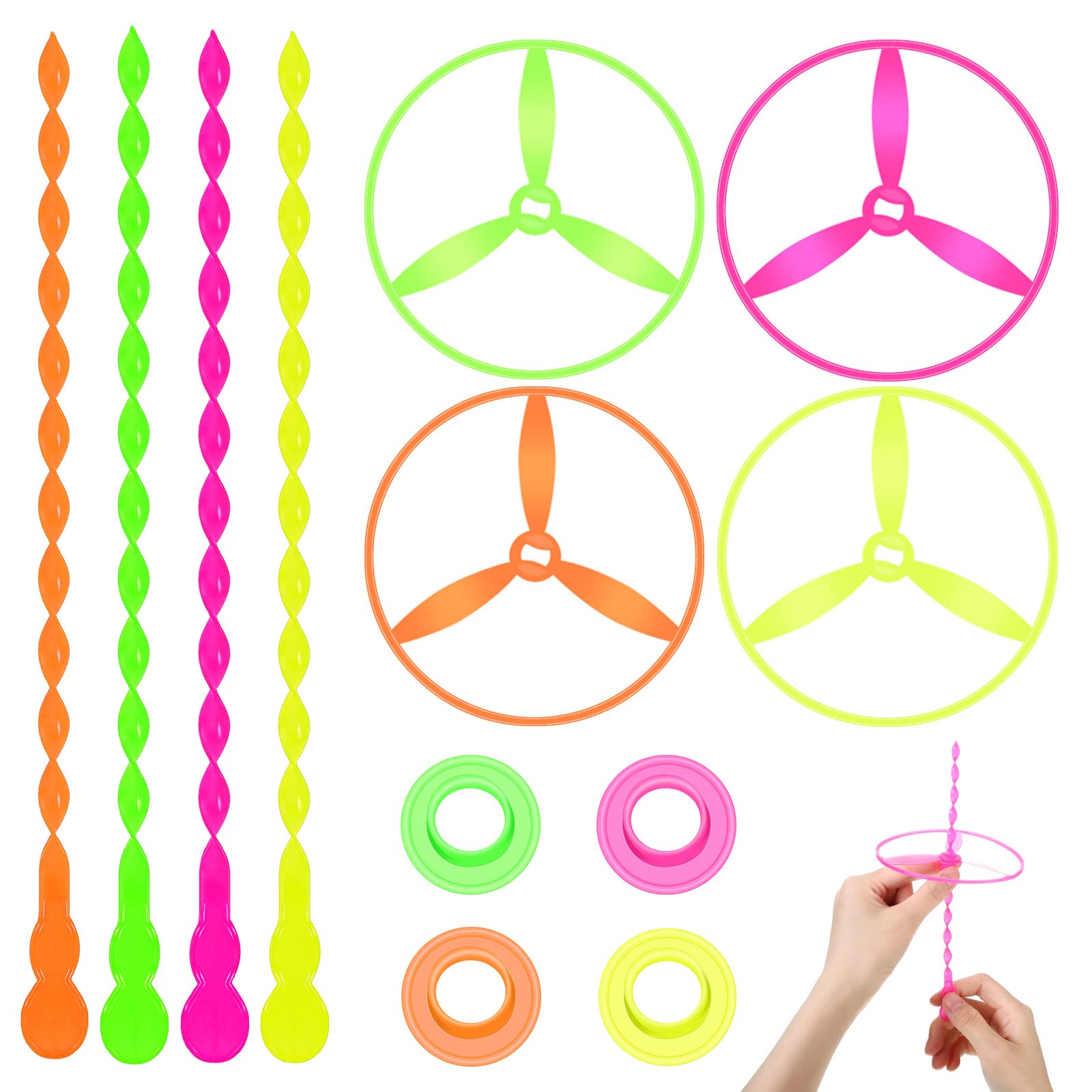Photo 1 of Sotiff 100 Sets Flying Disc Toys Twisty Pull String Flying Saucer Bulk Pull Helicopter Toy Twist Disc Flyer Saucers with Launcher Rings and Twist Sticks for Kids Party Favor Prizes, 4 Random Color