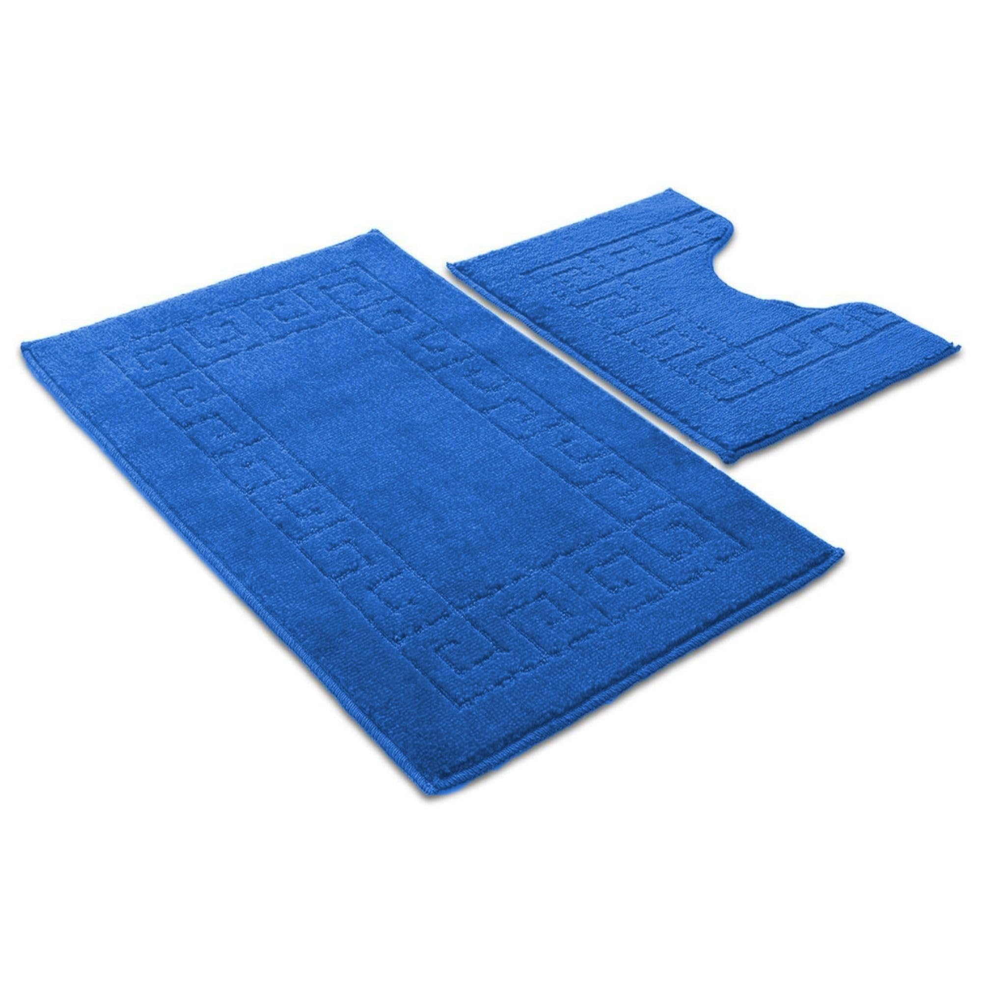 Ambience Products Greek Key Pattern Bath Mats 2 Piece Sets Non Slip Bathroom Mat, Soft Washable Rug Quick Dry Water Absorbent Bathroom Shower Mat & Pedestal Set (Dark Blue)