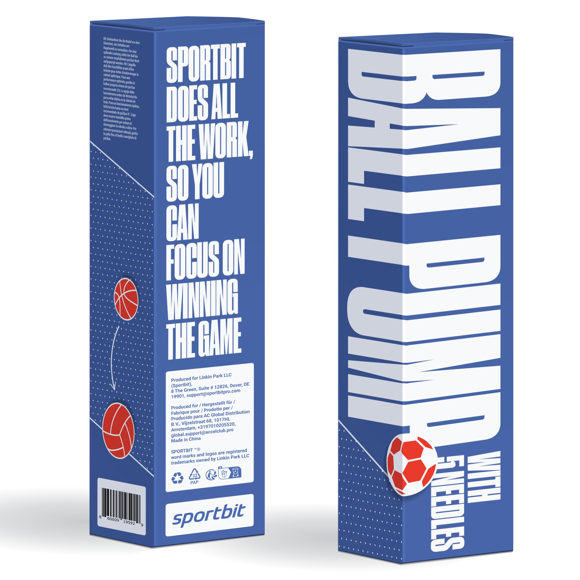 SPORTBIT Ball Pump for Sports Balls - Push & Pull Inflating System - Hand Pump for All Exercise Balls - Volleyball Pump, Basketball Inflator, Football & Soccer Ball Air Pump - Goes with 5 Needles Set