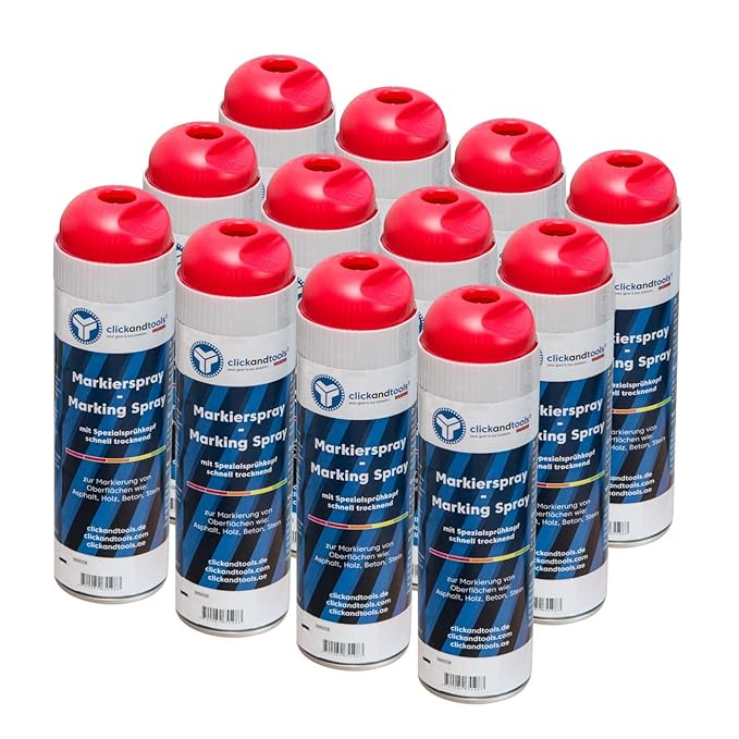 Markierspray leuchtend rot clickandtools® 12'er Pack mit Spezialsprühkopf, schnell trocknend