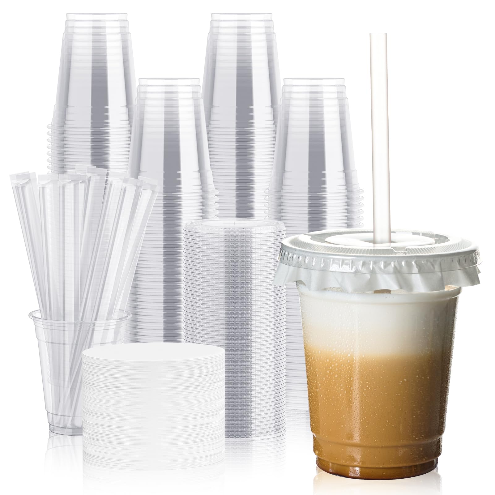 Photo 1 of JOLLY CHEF 100 Pack 12 oz Clear Plastic Cups with Lids and Straws, Disposable Iced Coffee Cups with Lids for Smoothies, Milkshakes, Cold Drinks, Includes Paper Lid Liners