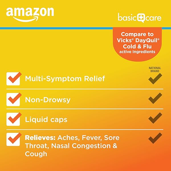 AMAZON BASIC CARE DAYTIME COLD AND FLU RELIEF SOFTGELS, NON-DROWSY MULTI-SYMPTOM RELIEF FOR PAIN, FEVER, HEADACHE, COUGH, SORE THROAT, NASAL CONGESTION, 24 COUNT