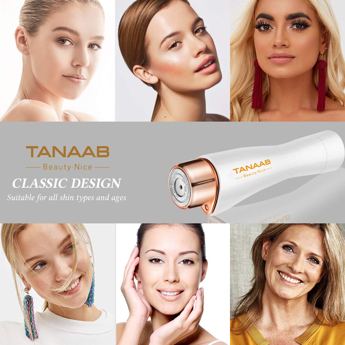 Facial Hair Removal for Women, TANAAB Painless Waterproof Smooth Facial Hair Remover Shaver Razor for Face Upper Lip Chin Cheeks Arm Built-in LED Light - White Gold