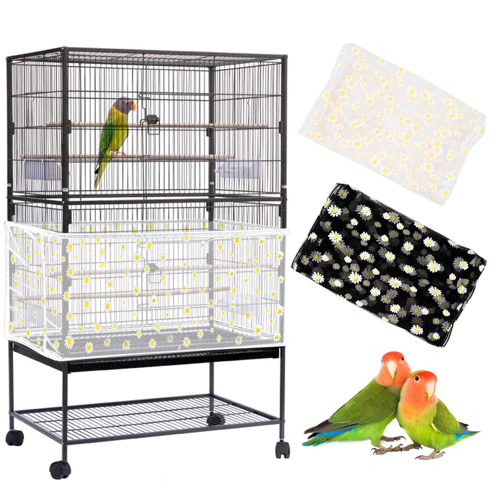 2Pcs Large Bird Cage Cover, Bird Cage Seed Catcher, Adjustable Soft Nylon Mesh Net with Daisy Pattern, Birdcage Cover Skirt Seed Guard for Parrot Parakeet Macaw Round Square Cages (White+Black)