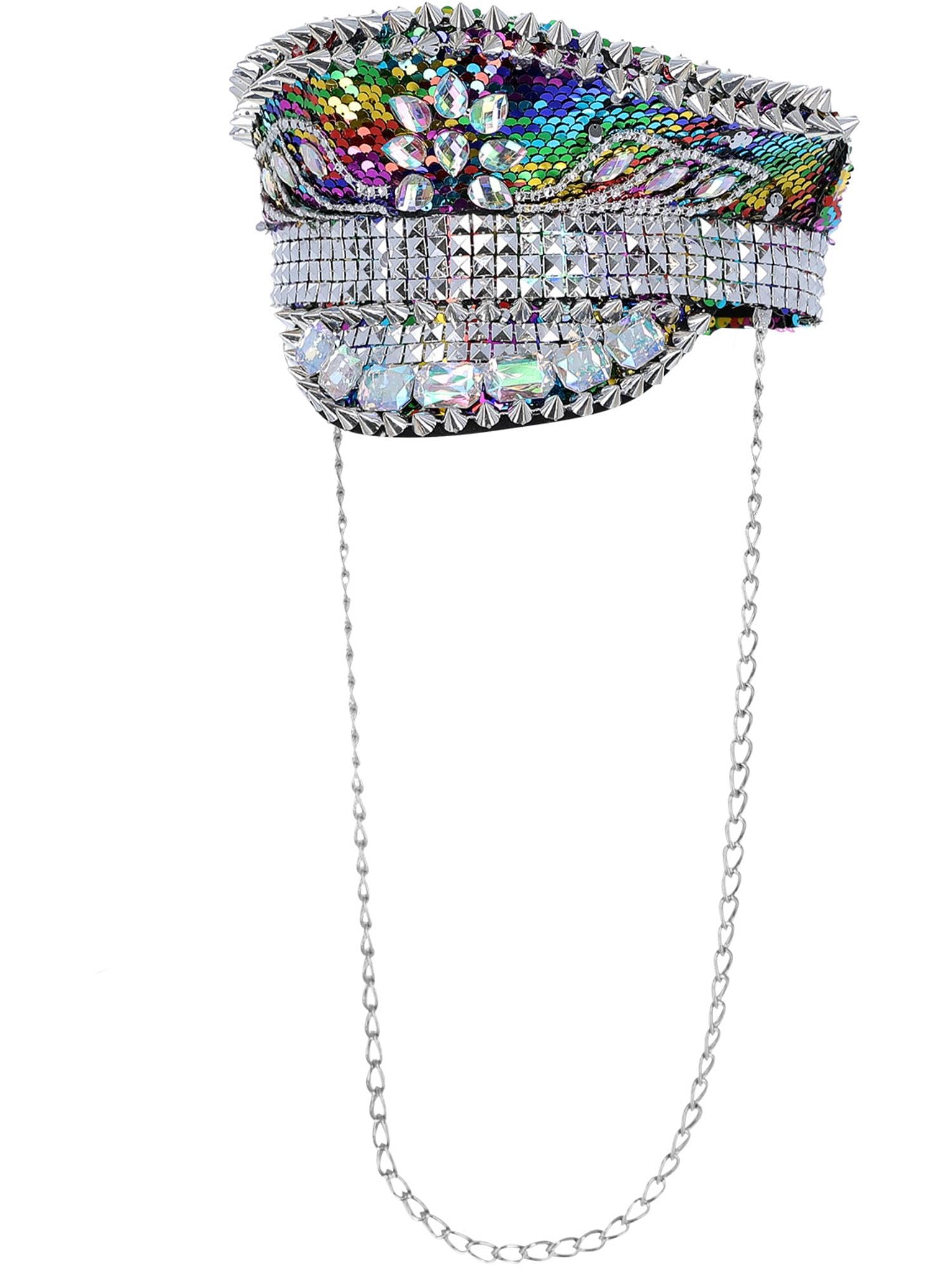 Smiffys Fever Deluxe Sequin Studded Captains Hat, Rainbow with Chain, Fever Accessories Fancy Dress, All Dress Up Hats