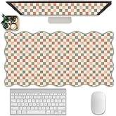 Scalloped Desk Mat Extended Large Cute Mouse Pad XXL Aesthetic Desk Pad Boho Plaid Mousepad Retro Beige Checkered Mouse Pad for Keyboard Computer Stitched Edges Non-Slip Home Office 31.5X15.7Inch