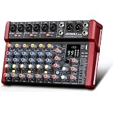JXSOU 10-Channel Audio Mixer with 99 DSP Effects and 48V Phantom Power | DJ sound board mixer with Bluetooth, USB, XLR input, and stereo mixing for karaoke, studio, PC recording, and live use.