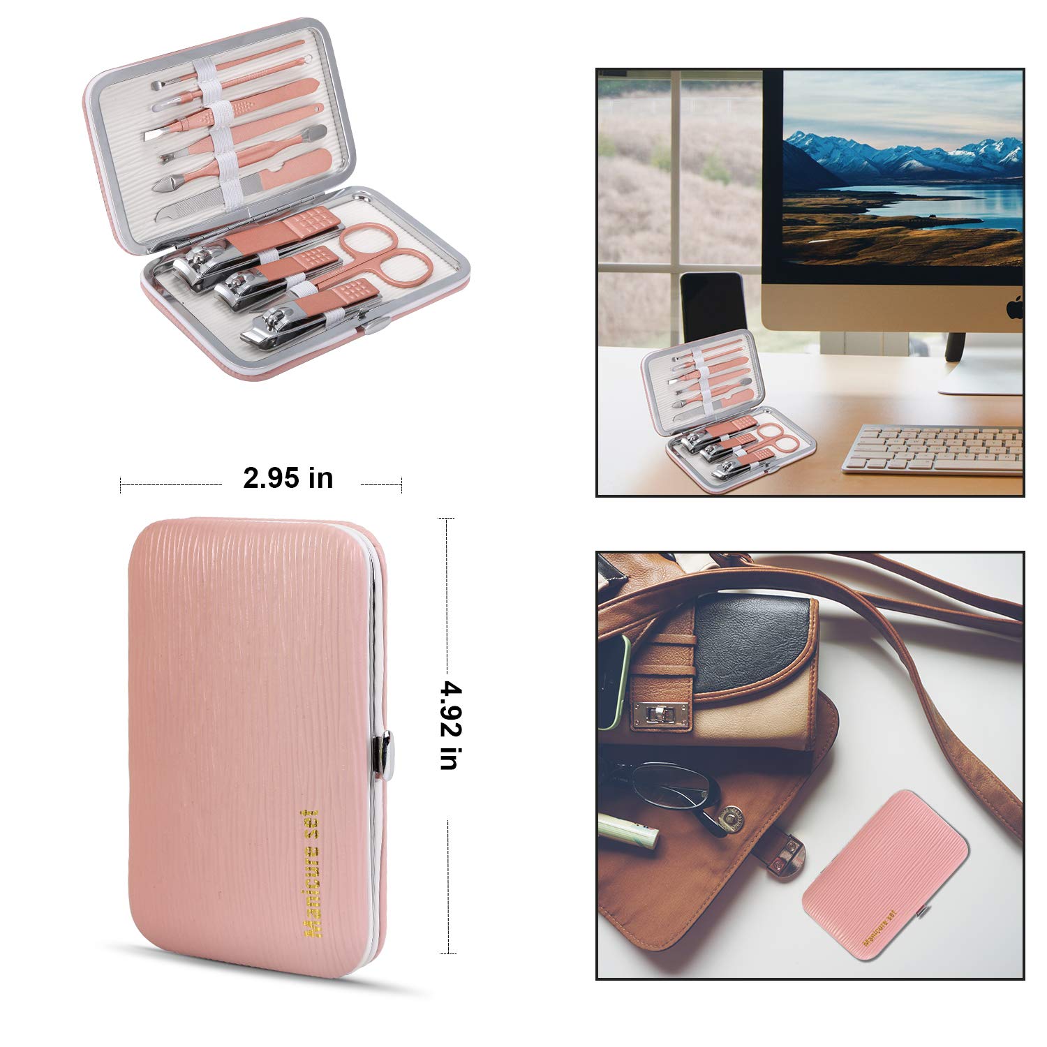 Manicure Set, Travel Mini Nail Clippers Kit Pedicure Care Tools, 10pcs Stainless Steel Grooming kit (Pink) : Beauty