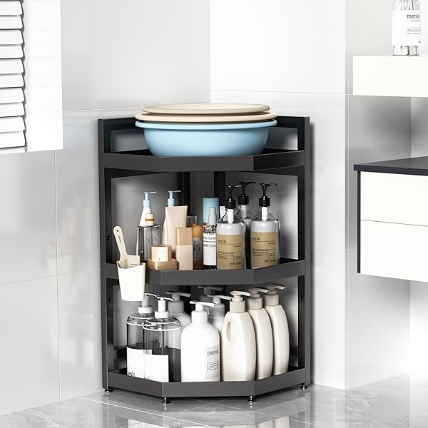 SERXIS 3 TIER STANDING CORNER SHOWER CADDY,WATERPROOF AND RUST PROOF,ADJUSTABLE HEIGHT,MULTI-FUNCTIONAL TIERED STORAGE FOR SHOWER GEL,SHAMPOO,COSMETICS,KITCHEN SUPPLIES,BLACK