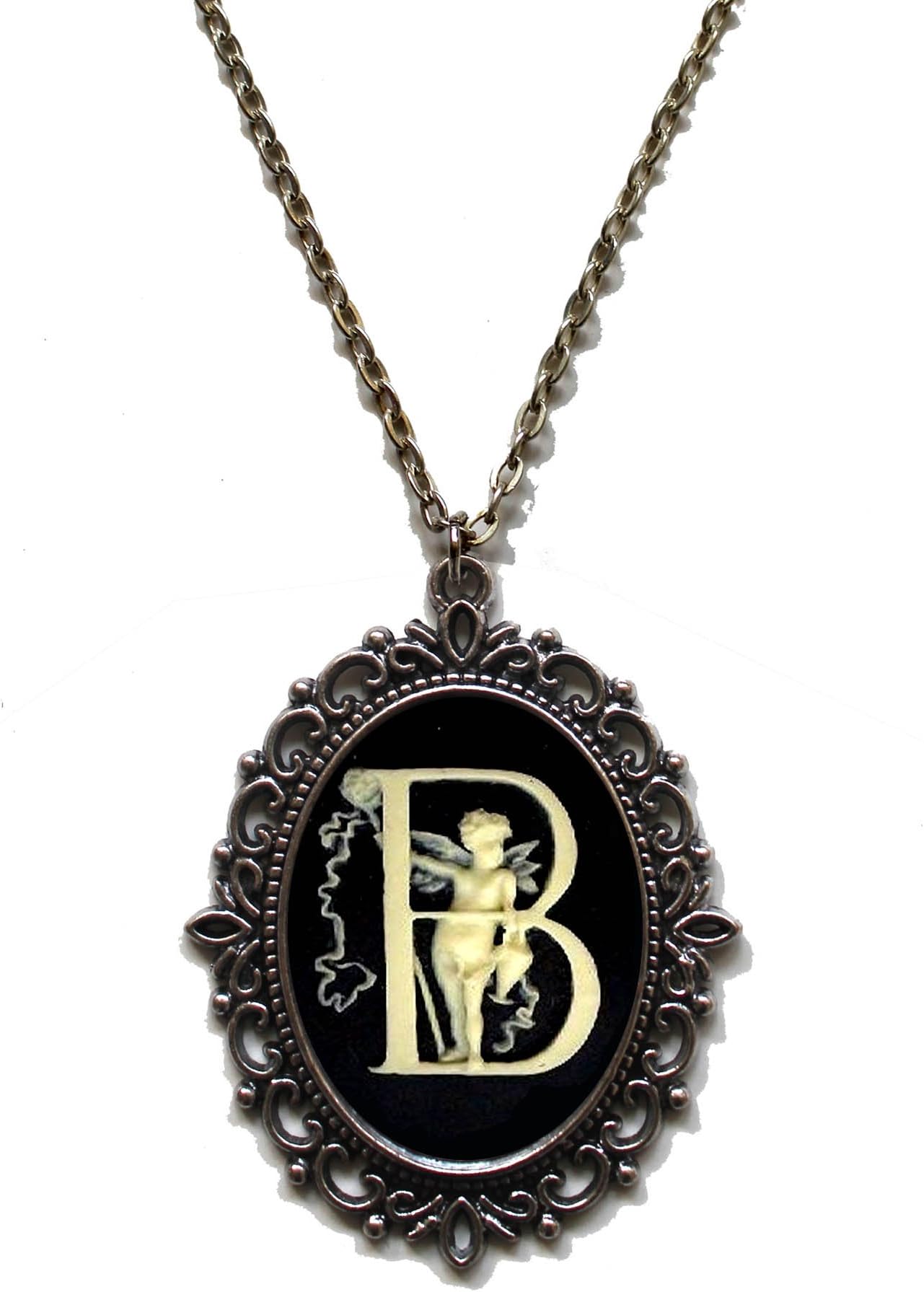 Victorian Vault Letter Initial Alphabet Black & Ivory Cameo Pendant on Chain