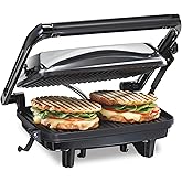 Hamilton Beach Panini Press Sandwich Maker & Electric Indoor Grill with Locking Lid, Opens Wide to Fit Any Thickness for Quesadillas, Burgers & More, Nonstick 8" x 10" Grids, Chrome (25460MNA)