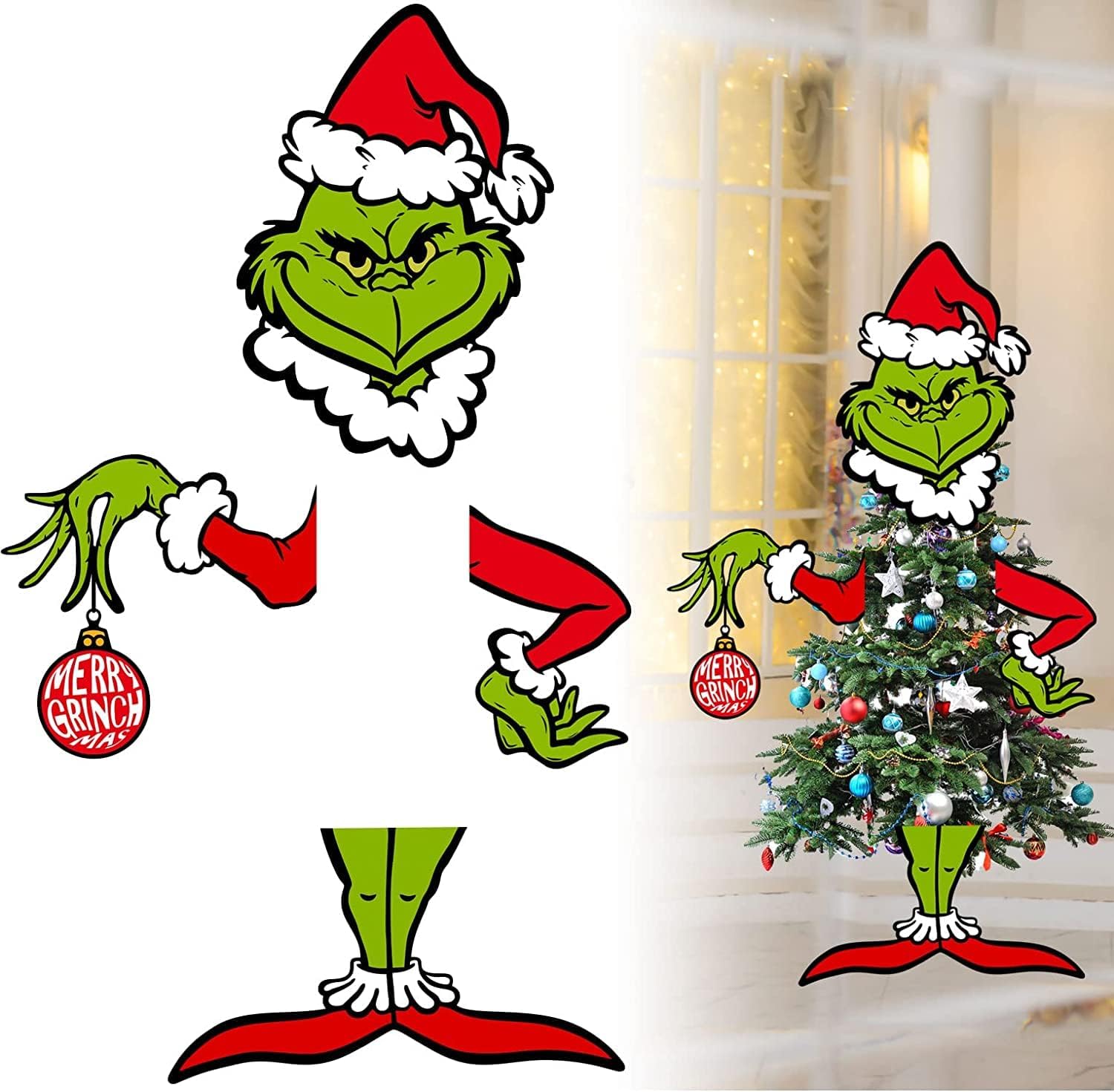 Tree Stands - Large Grinchmas Decor for Christmas Tree, Whoville Christmas Tree Topper, Grinchmas Decorations for Christmas Tree Xmas Party Supplies (Head+Hand+Leg)