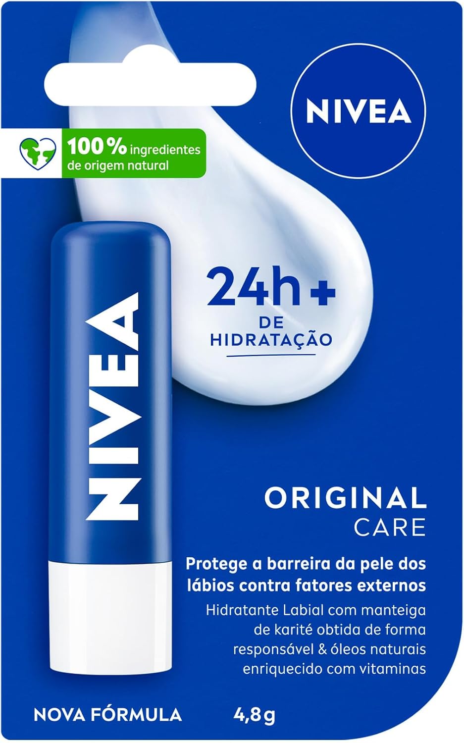 Hidratante Labial NIVEA Original Care, Manteiga de Karité | Hidratação Intensa 24h, Protege contra Ressecamento, Cuidado Diário, 4,8g