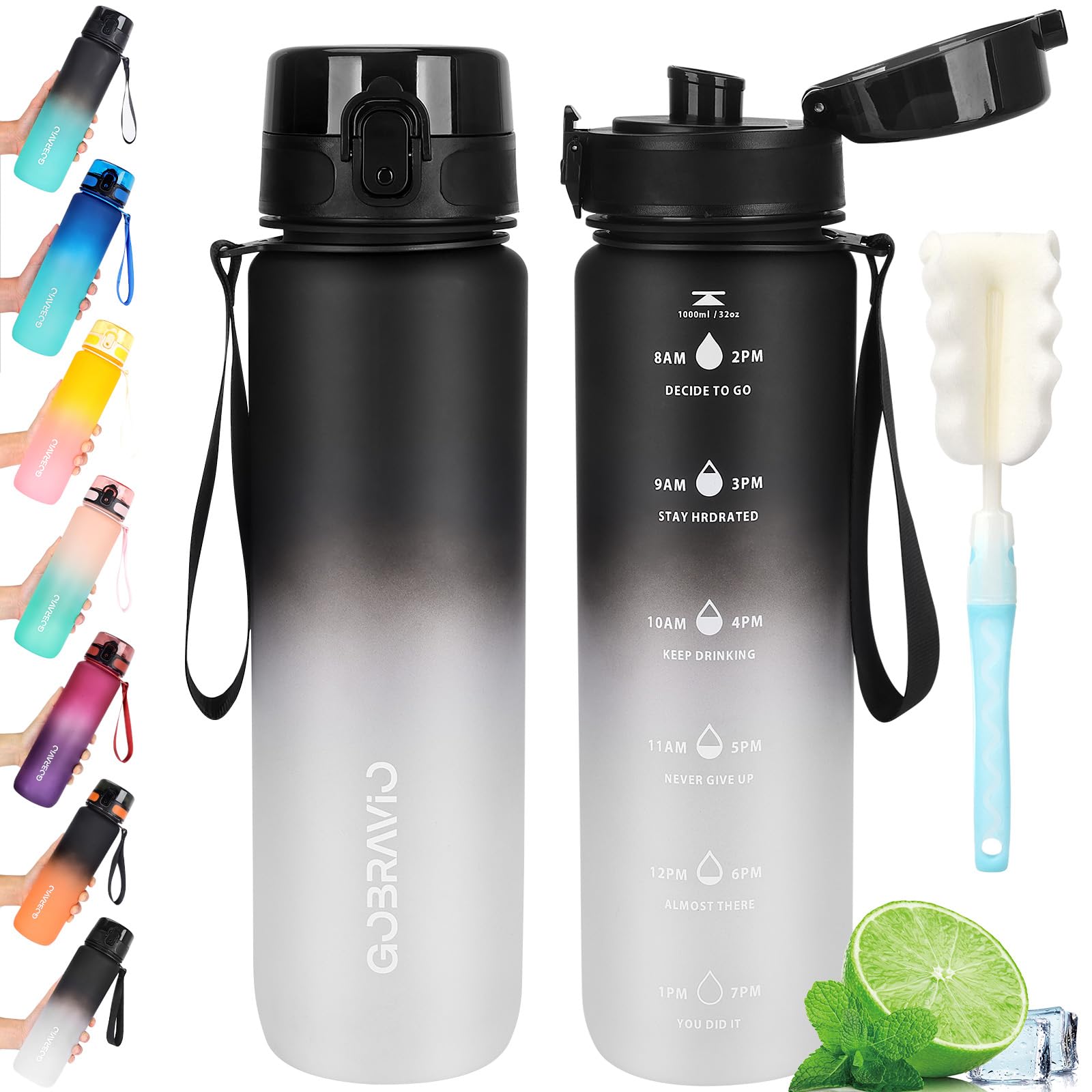 Gobravio Water Bottle 1L BPA Free Sports Drink Bottle Dishwasher Safe Canteen Bottle Leakproof Motivational Water Bottle with Time Markings