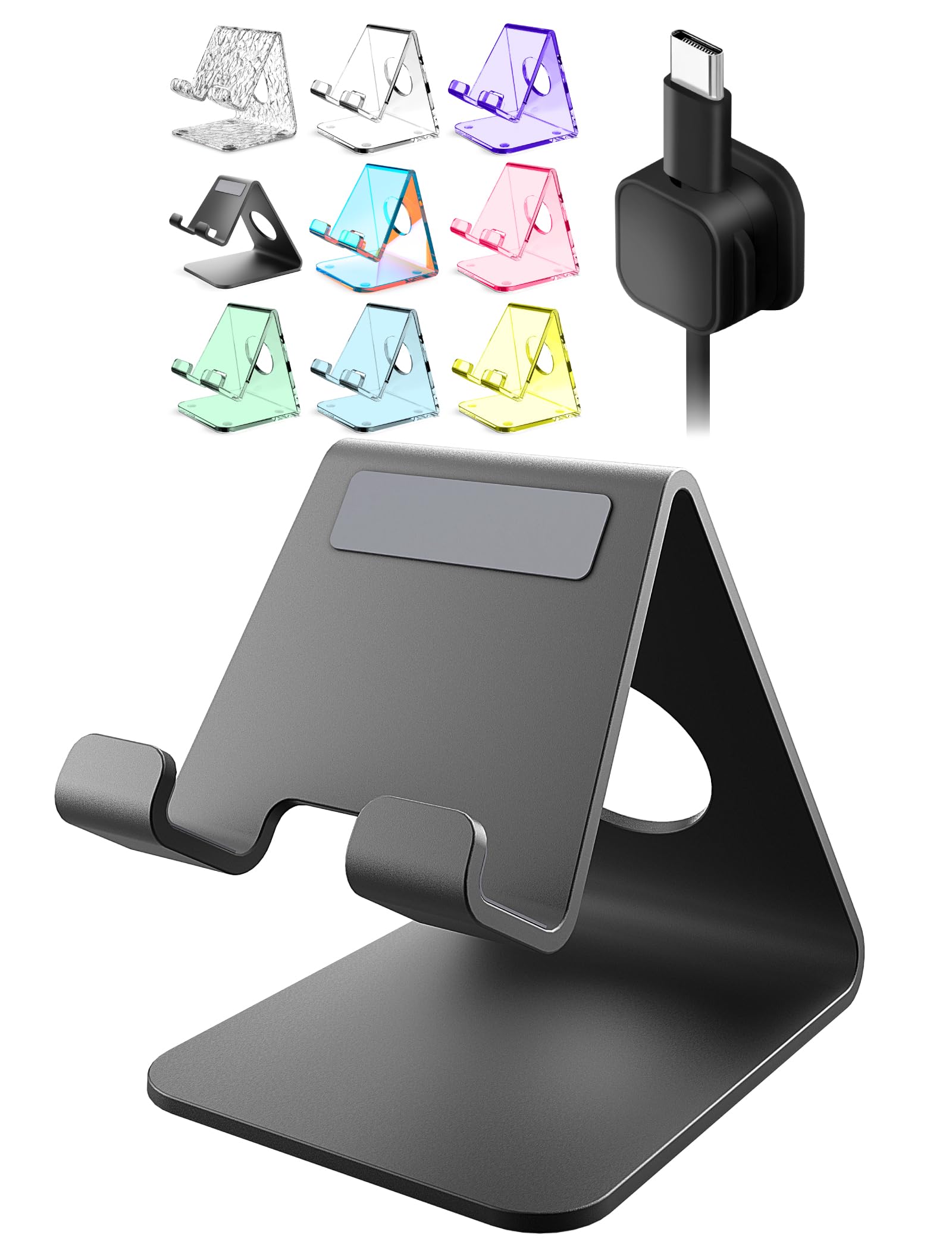 Cell Phone Stand, Phone Dock, Cradle, Holder, Aluminum Desktop Cellphone Stand with Cable Collective for Office Desk, Bedside Table Compatible with iPhone 14 13 Pro Max-Black