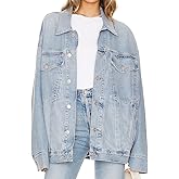 Tsher Women's Vintage Washed Oversized Boyfriend Jean Trucker Jacket Long Sleeve Loose Denim Coat for Casual Wear