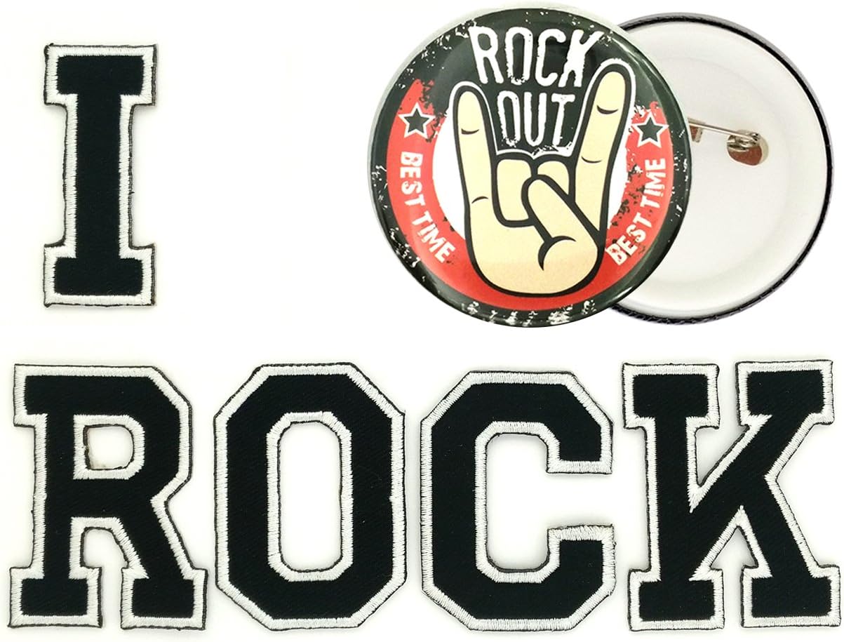 IROCK_BK - 5 Black Letters I Rock Applique Embroidered Patches and 1 Pcs of 2.25" Rock Out Pinback Button