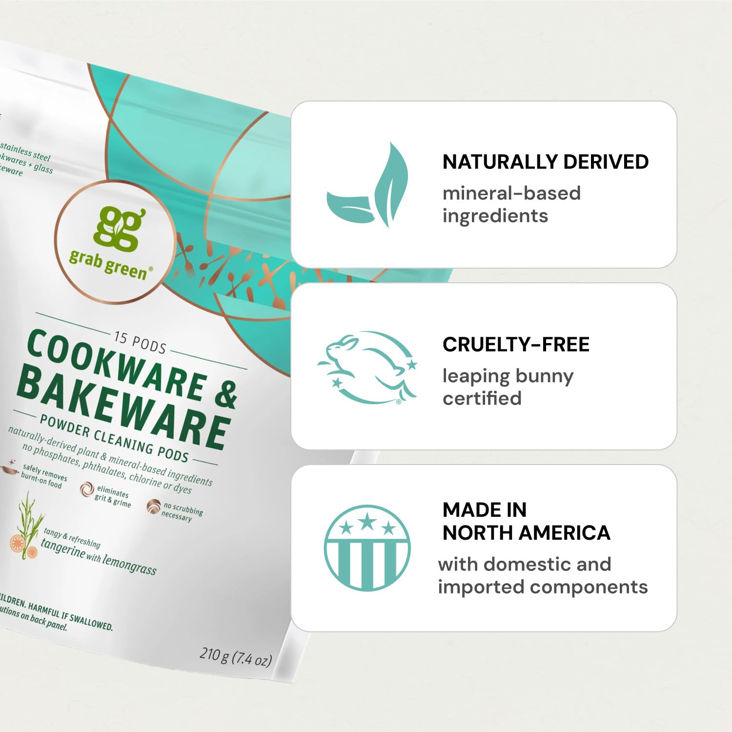 Grab Green Cookware and Bakeware Cleaner Pods, 60 Pods, Tangerine Lemongrass Scent, Plant and Mineral Based, Removes Burnt-On Food, Eliminates Stains