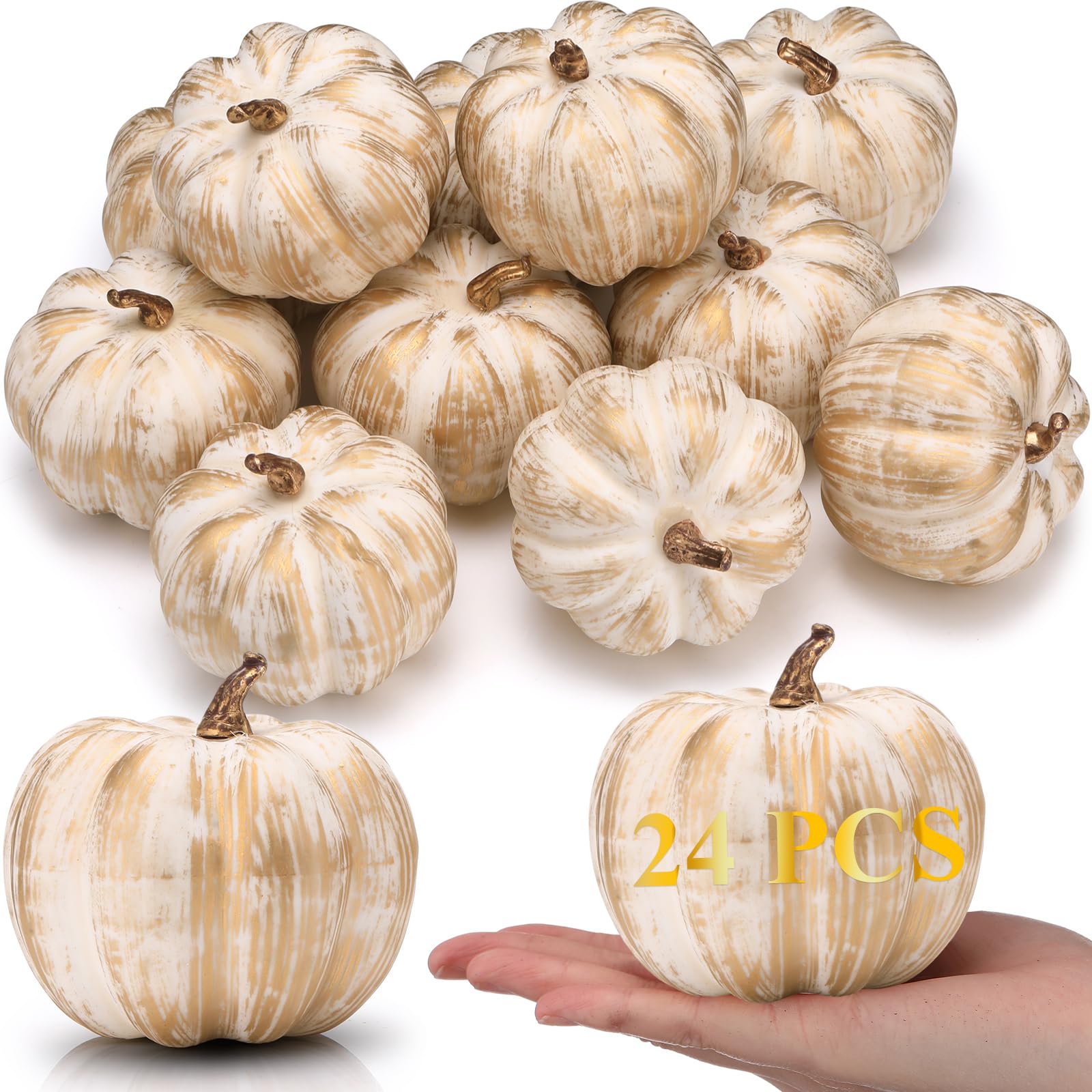 Photo 1 of Liliful 24 Pack 4 Inch Fall Harvest Gold Artificial Pumpkins Crafts Rustic Decorative Pumpkin Foam Pumpkins Decoration for Halloween Thanksgiving Wedding Dining Table Centerpiece Decorating