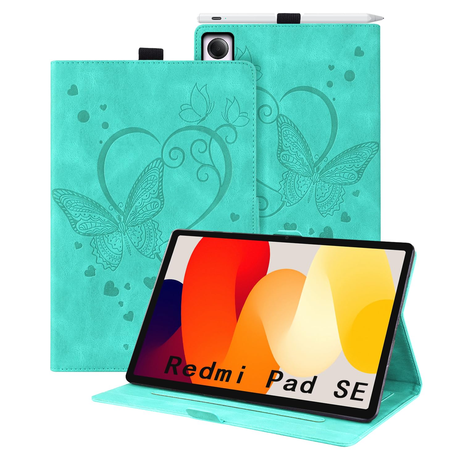 Auslbin Xiaomi Redmi Pad SE Case 2023 11", PU Butterfly Embossed Leather with Stand Function and Pen Holder for Xiaomi Redmi Pad SE 11" 2023, Green Butterfly