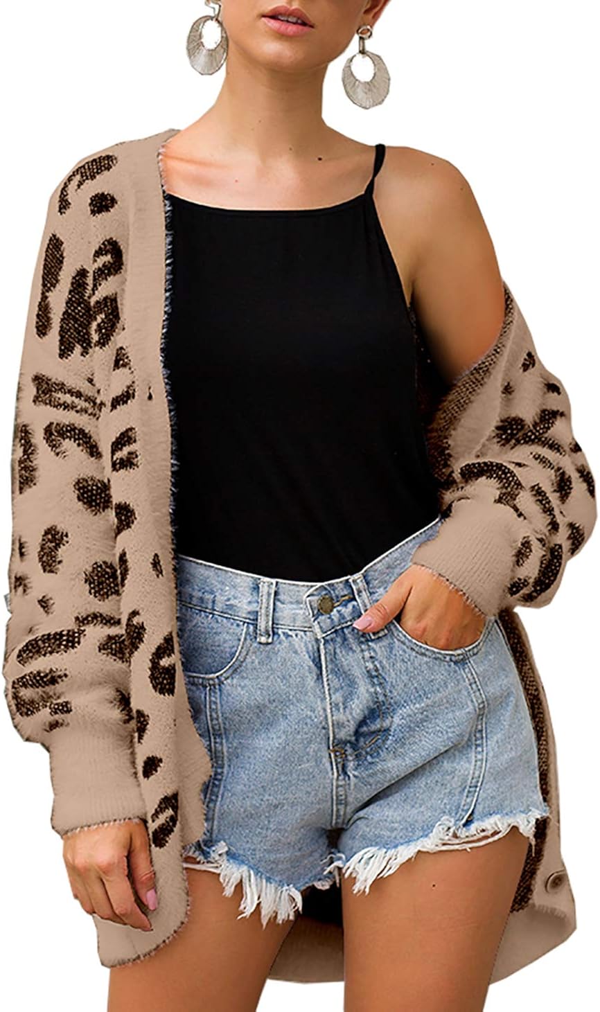 BTFBM Women Fashion Leopard Print Button Down Long Sleeve Soft Loose Knit Sweater Cardigan Coat Fall Winter Outwear at  Women’s Clothing store