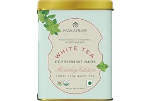 Makaibari Holiday Edition : White Peppermint Bark| USDA Certified Premium White Tea | Anti-Oxidants, Immunity Booster, Low Caffeine | Supports Healthy Skin | Tin Caddy | 50g