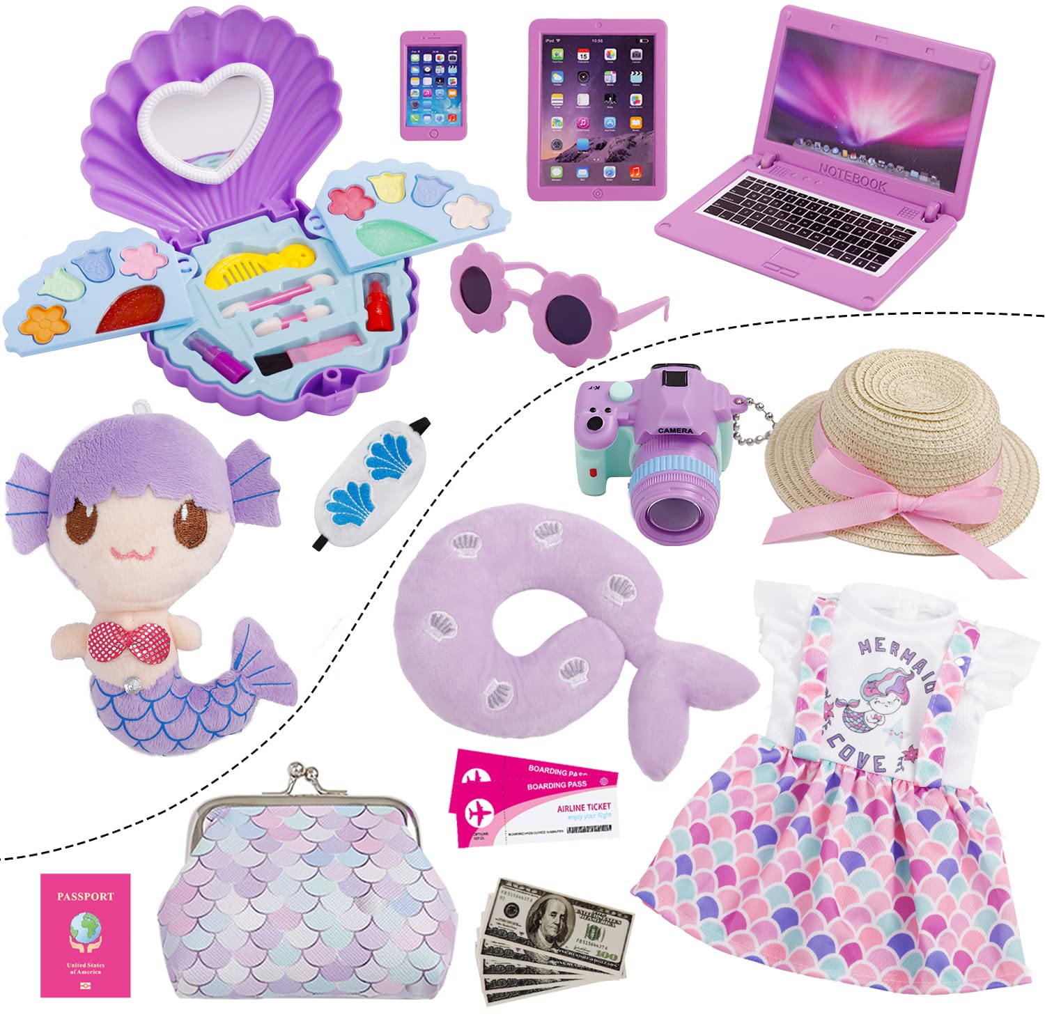 18 Inch Doll Suitcase Travel Luggage Play Set, Mermaid Theme Travel Carrier Storage Accessories for 18inch Doll, Include Case, Clothes, Hat, Sunglasses, Camera, Pillow, Toy Pet