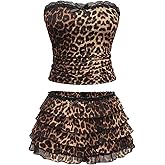 BEAUDRM Women's 2 Piece Outfit Y2k Cheetah Set Lace Leopard Tube Top Mesh Ruffle Mini Micro Shorts Sexy Rave Part Clubwear