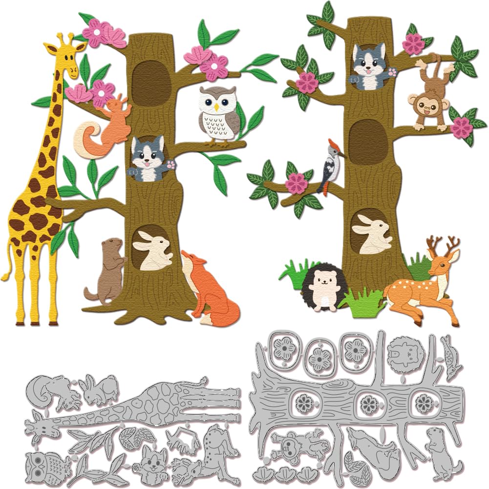 GLOBLELAND Tree Trunk Animal Cutting Dies for DIY Scrapbooking Metal Spring Flower Cut Dies Animals Dog Giraffe Die Cuts for Card Making Embossing Photo Album Craft Decor