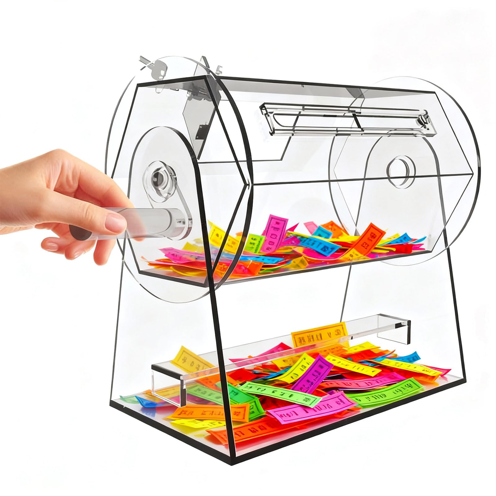 YUZINO Tombola Drum, Acrylic Raffle Ticket Drum with Handle And 2 Keys, Raffle Drum Holds 2000 Tickets, Spinning Cage Raffle Ticket Box for Lotteries, Fundraisers and Events