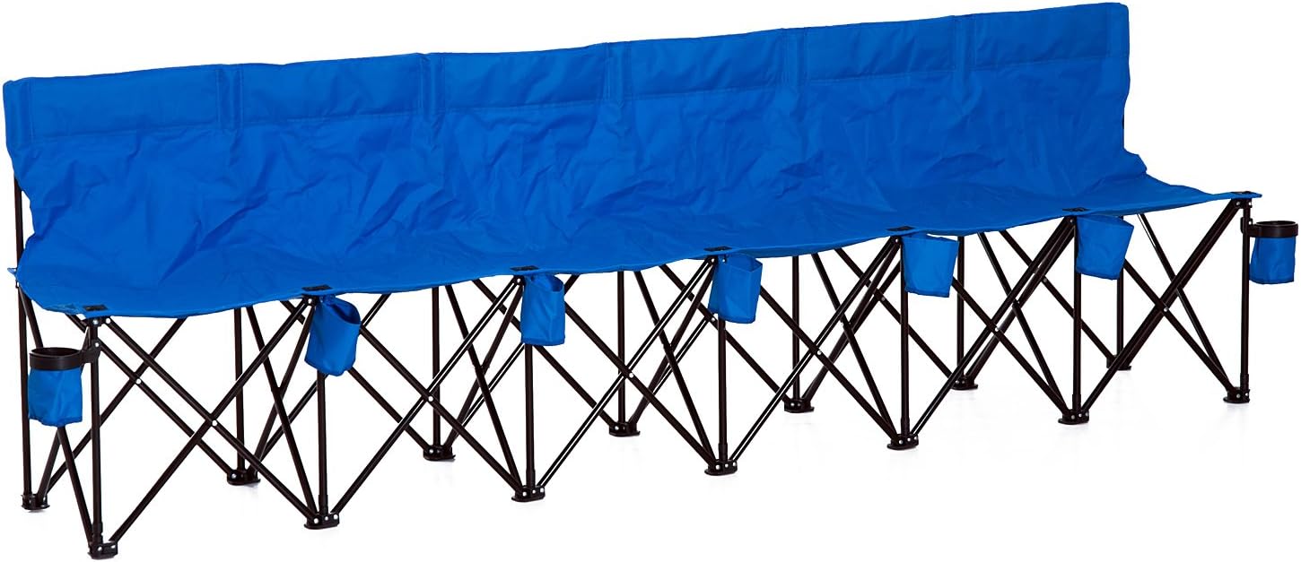 Outsunny 6 Seater Folding Bench, Outdoor Camping Chair Portable Sports Spectator Chair with Steel Frame, Cup Holder & Carry Bag, Blue